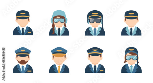 Set of pilot avatars with headgear and uniform icons, male and female aircrew characters, aviation professional cartoon illustrations for travel and transport design