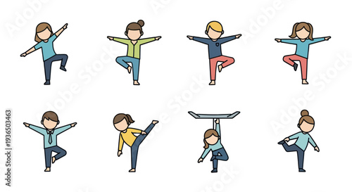 Set of simple cartoon people doing yoga and stretching exercises in various poses for fitness and wellness illustration