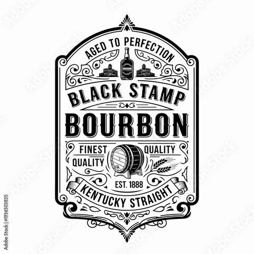 Classic Whiskey Distillery Label Featuring Vintage Scroll Elements and Traditional Wooden Barrel Illustration