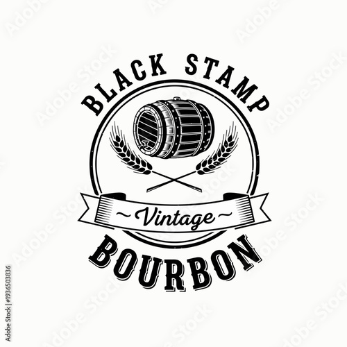 Retro Bourbon Bottle Badge with Decorative Frame, Barrel Symbol, and Classic Distillery Typography
