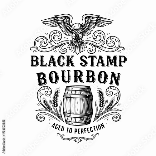 Vintage Distillery Whiskey Logo Featuring Ornamental Flourishes and Traditional Bourbon Label Design