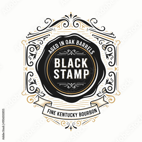 Classic Bourbon Branding Label with Vintage Decorative Frame and Wooden Barrel Distillery Illustration