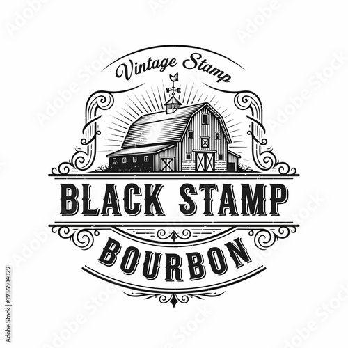 Retro Distillery Bourbon Badge with Elegant Typography, Wheat Decorations, and Wooden Barrel Symbol