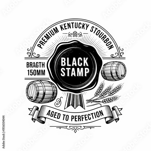 Vintage Bourbon Bottle Label Design Featuring Decorative Scrollwork, Barrel Illustration, and Distillery Branding Elements