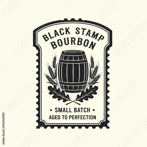 Vintage Distillery Bourbon Label Design with Ornate Frame, Wheat Elements, and Wooden Barrel Illustration