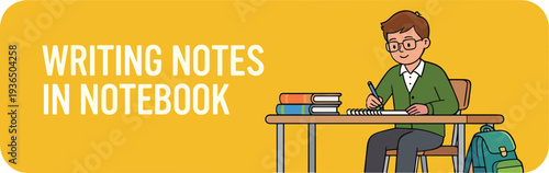 Student sitting at desk writing notes in notebook with books