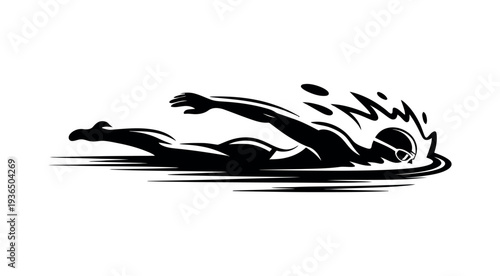 A swimmer glides through the water with a smooth motion in a black and white illustration