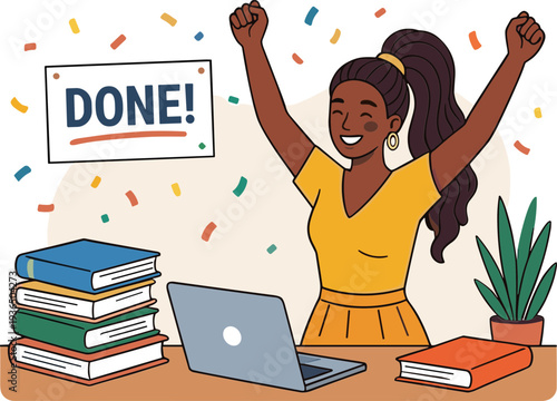 Woman celebrates completion with arms raised at desk with books and laptop