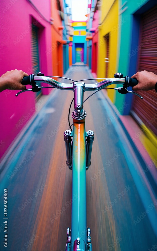 Naklejka premium Bicycle rides through vibrant colorful alleyway with motion blur
