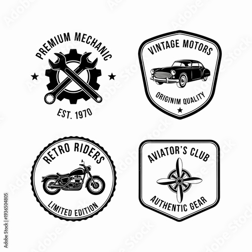Original Car Repair Shop Logo Designs with Engine Pistons, Wrench Icons, and Premium Quality Garage Labels