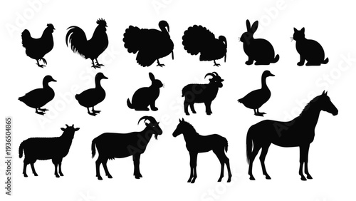 Black silhouettes of various farm and domestic animals