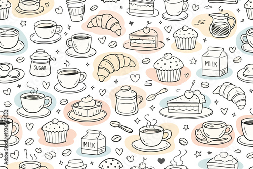 Hand Drawn Coffee and Bakery Doodle Vector Collection, Cafe Food and Dessert Line Art Icons