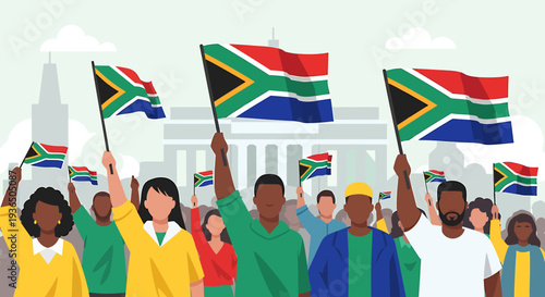 Diverse group of people celebrating South Africa Freedom Day with South African flags in front of a government building.