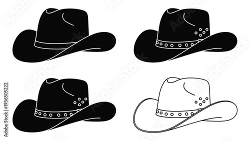 Four cowboy hats in different styles and colors