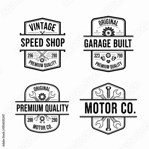 Premium Automotive Repair Shop Emblems with Retro Mechanic Tools, Classic Car Icons, and Original Garage Branding