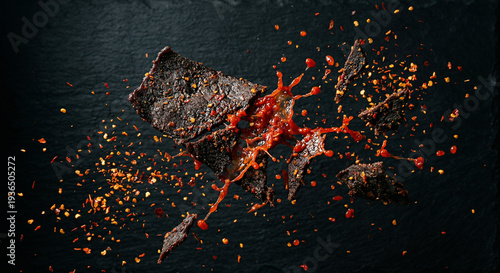 Thin crispy dendeng beef cracking mid-air with balado sauce splash