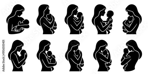 Collection of silhouetted mothers tenderly holding their babies in various nurturing positions