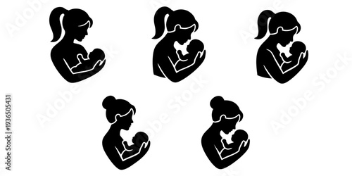 Collection of mothers breastfeeding infants depicted in various poses and viewpoints in a minimalist illustration style