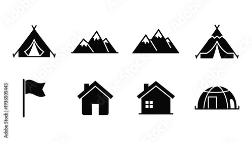 Collection of black and white icons for travel and camping