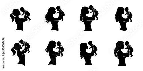 A series of silhouetted mothers holding their babies in various tender poses, depicted from different angles and perspectives.