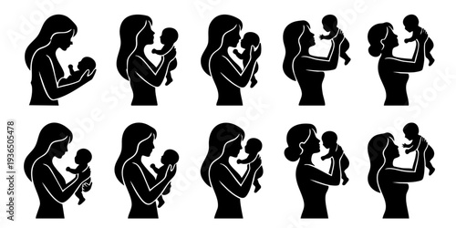 A series of silhouettes depicting mothers holding babies from various viewpoints