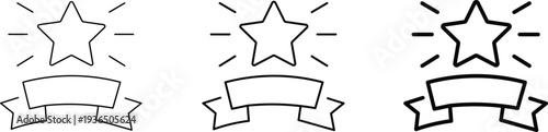 Three variations of a shining star icon with a blank ribbon banner, representing quality, award, and achievement in a line art style.