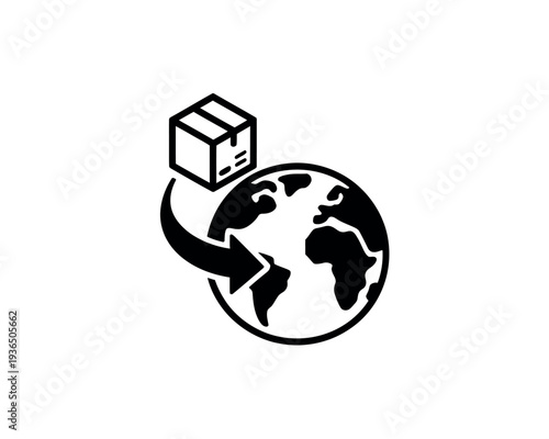 A black and white illustration of a cardboard box being shipped around the world.