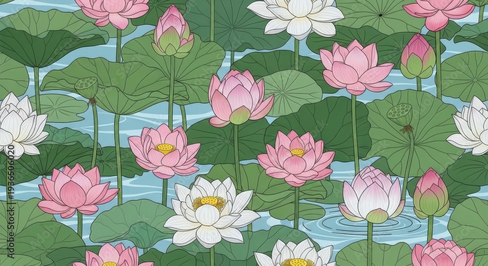 Fototapeta A beautiful and intricate pattern of pink and white lotus flowers and buds with green lily pads floating on blue water, creating a serene and natural design.