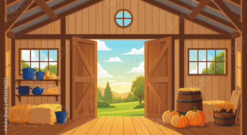 Charming Barn Interior Vector Illustration with Open Doors Revealing a Sunny Rural Landscape and Harvest Bounty