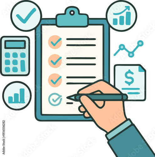 Business Checklist and Financial Analysis Report on Clipboard, Hand Writing with Pen, Calculator and Charts Flat Vector Illustration