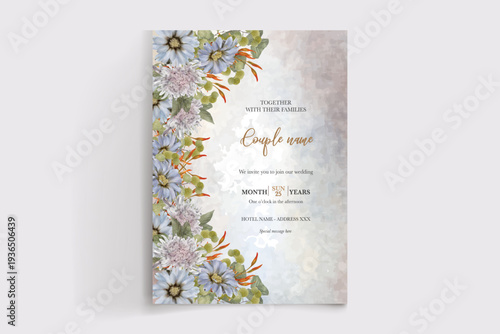 WEDDING INVITATION FRAME WITH FLOWER DECORATIONS AND FRESH LEAVES