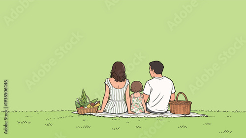 Family sits together on a blanket enjoying a picnic with baskets full of food and greenery in a grassy area.