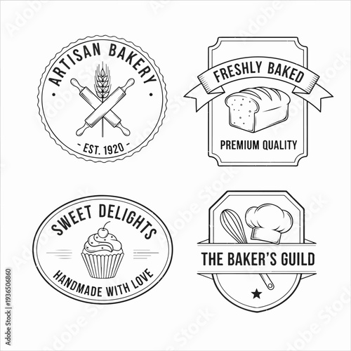 Minimalist Bakery Shop Branding Badges with Wheat, Bread Loaves, and Elegant Dessert Label Designs