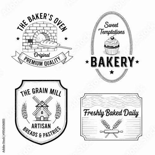 Retro Style Bakery Logo Pack Featuring Wheat Stalks, Bread Illustrations, and Premium Pastry Shop Badges