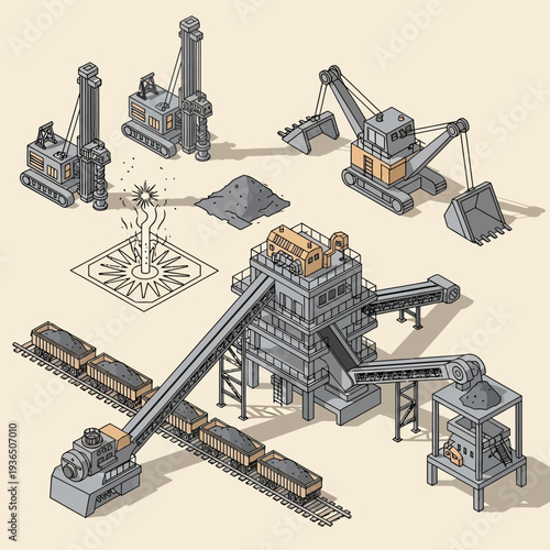 Industrial mining operation with machinery and conveyor belts.