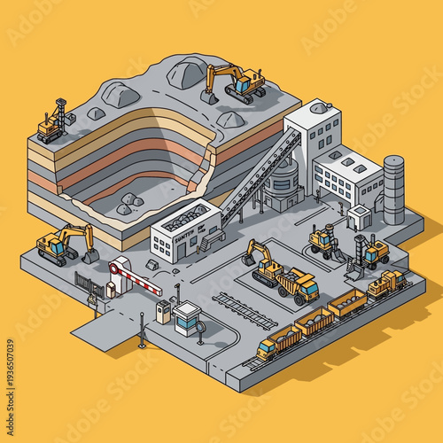 Isometric illustration of a construction site with heavy machinery and workers.