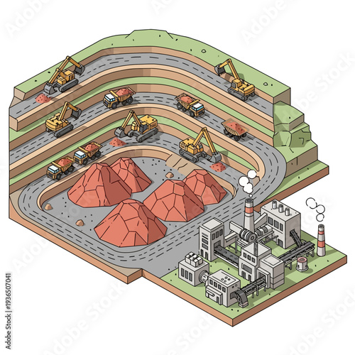Isometric illustration of an open pit mine with heavy machinery and industrial facilities.