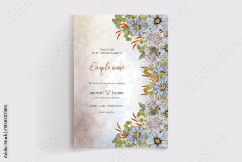 WEDDING INVITATION FRAME WITH FLOWER DECORATIONS AND FRESH LEAVES