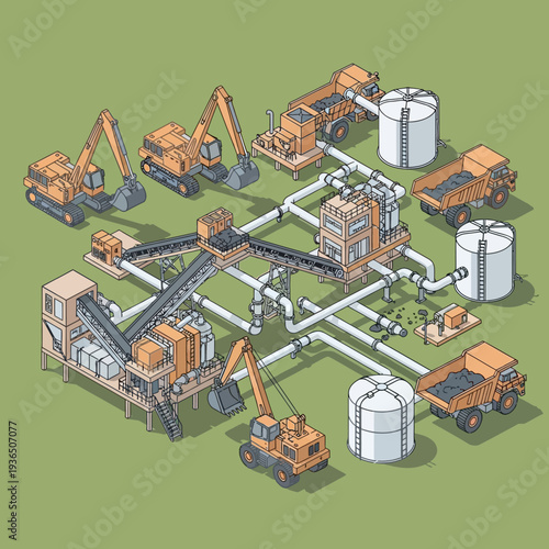 Industrial construction site with heavy machinery and storage tanks.