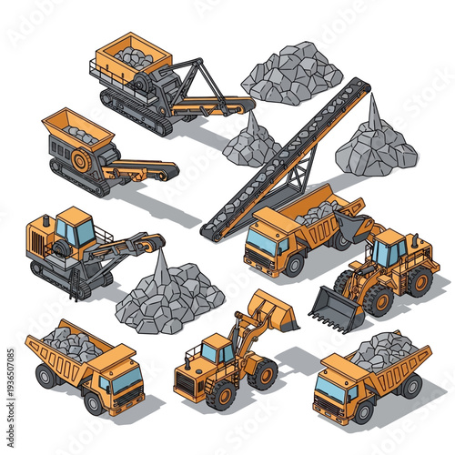 Heavy machinery vehicles for mining and construction work.