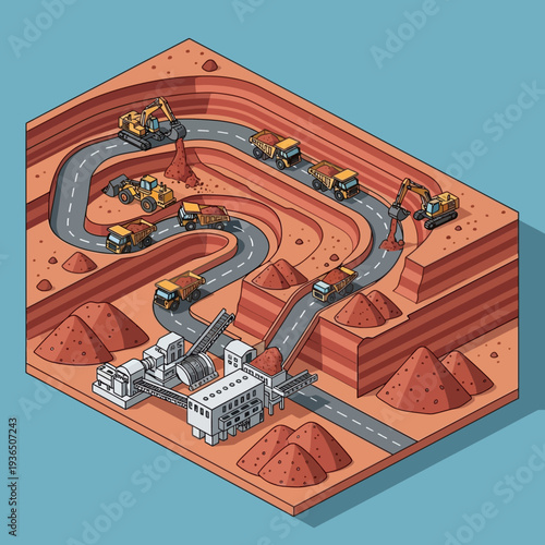 Isometric illustration of construction site with heavy machinery and winding roads.