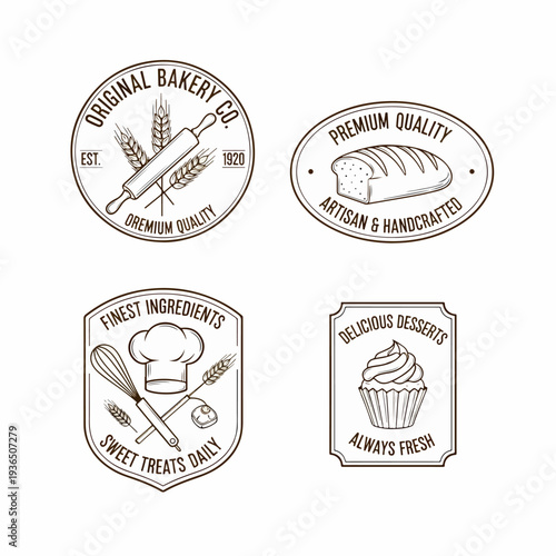 Traditional Bake Shop Branding Collection with Cupcake Badge, Wheat Symbol, and Premium Quality Bakery Stamp