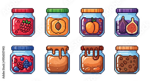 Eight pixel art jars filled with delicious fruit jams and sweet spreads, showcasing a vibrant collection of homemade preserves in a retro game style.