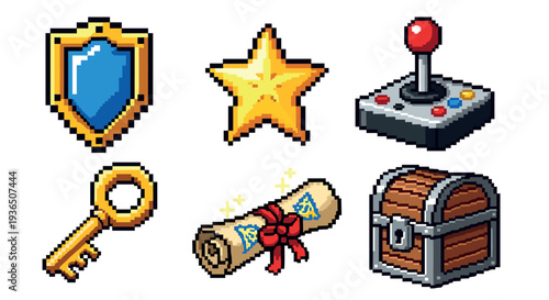 Pixel art video game elements collection for retro gaming design projects, featuring a shield, star, joystick, key, scroll, and treasure chest.