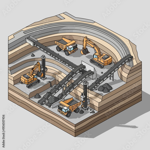 Isometric illustration of underground construction site with heavy machinery.