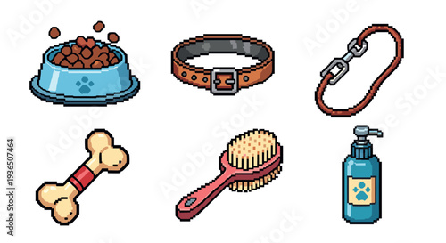 Dog accessories pixel art collection featuring essential pet supplies like a food bowl, collar, leash, bone, brush, and shampoo bottle.
