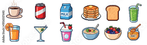 Delightful collection of pixel art food and drink icons showcasing various breakfast items and beverages in a charming retro video game style.