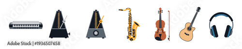 Musical instruments and accessories collection featuring various sound devices like a harmonica, metronome, saxophone, violin, guitar, and headphones.