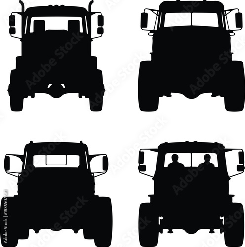 Four Black Silhouette Truck Front Views with Two Figures in One Cab vehicle transportation isolated white background