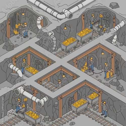 Underground mine with workers extracting gold ore from tunnels.